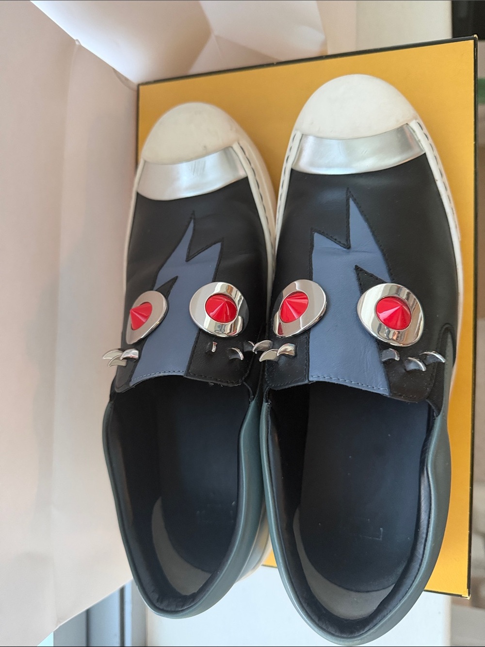Fendi Black Blue Leather Slip-On Sneakers with Red Accent Hardware